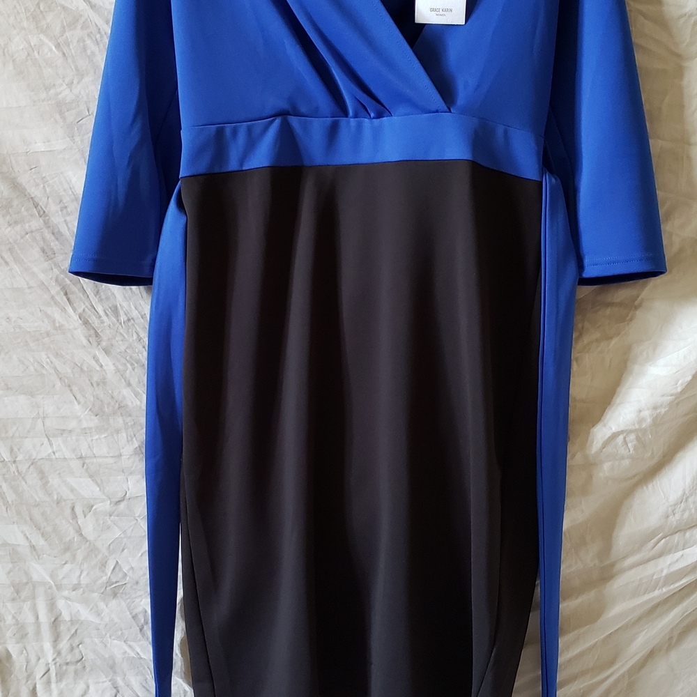 Grace Karin Blue and Black Midi Colorblock V-Neck Dress